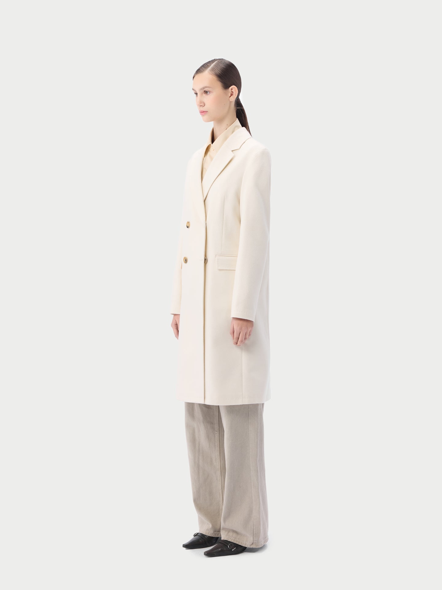 Women's Notch Lapel Midi-Length Cashmere Coat White - Gobi Cashmere