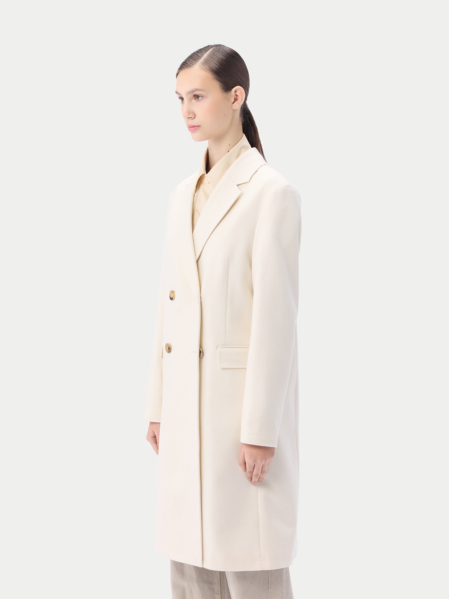 Women's Notch Lapel Midi-Length Cashmere Coat White - Gobi Cashmere