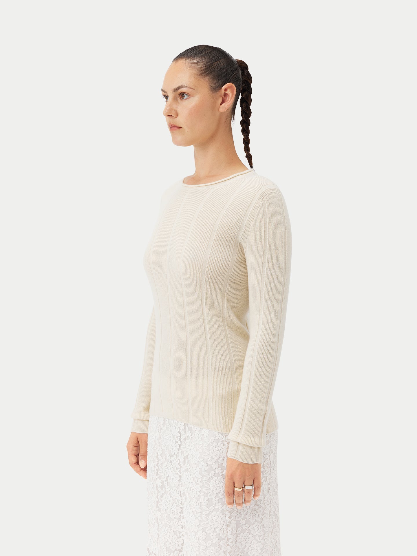 Women's Organic C-Neck Cashmere Sweater White - Gobi Cashmere