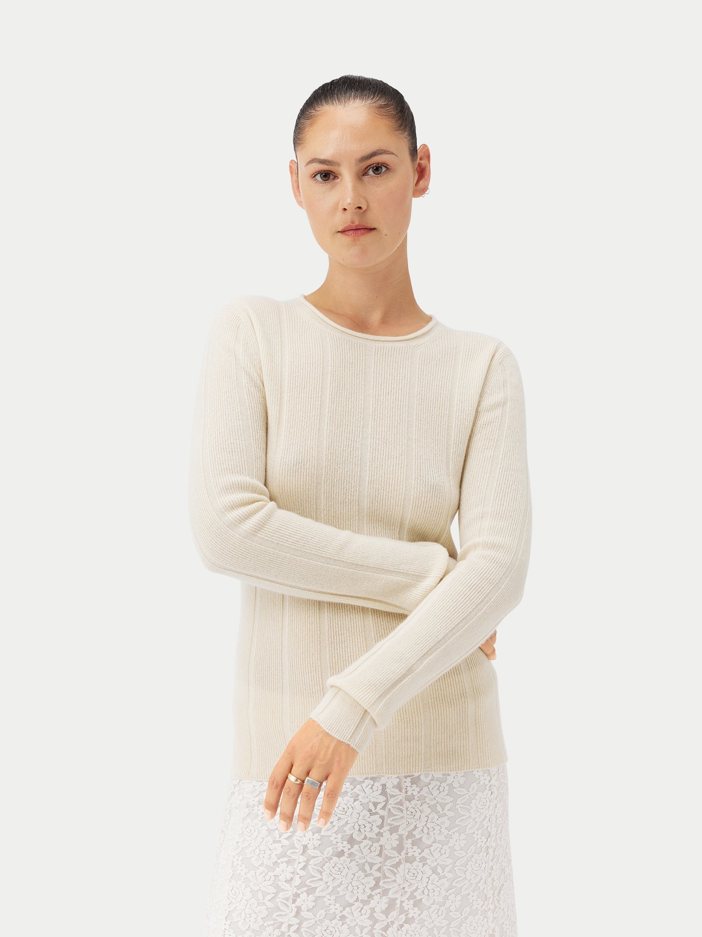 Women's Organic C-Neck Cashmere Sweater White - Gobi Cashmere