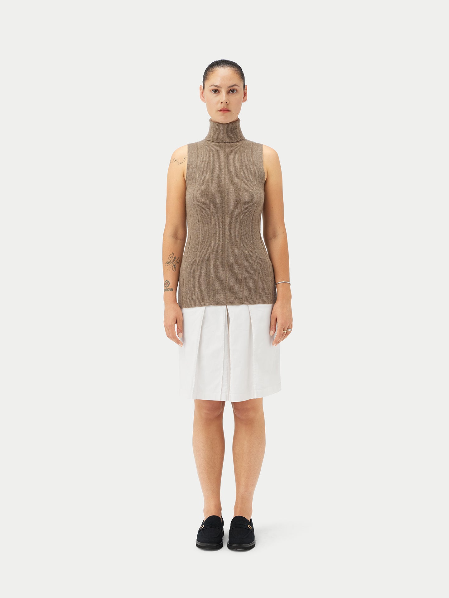 Women's Organic T-Neck Cashmere Top Taupe - Gobi Cashmere