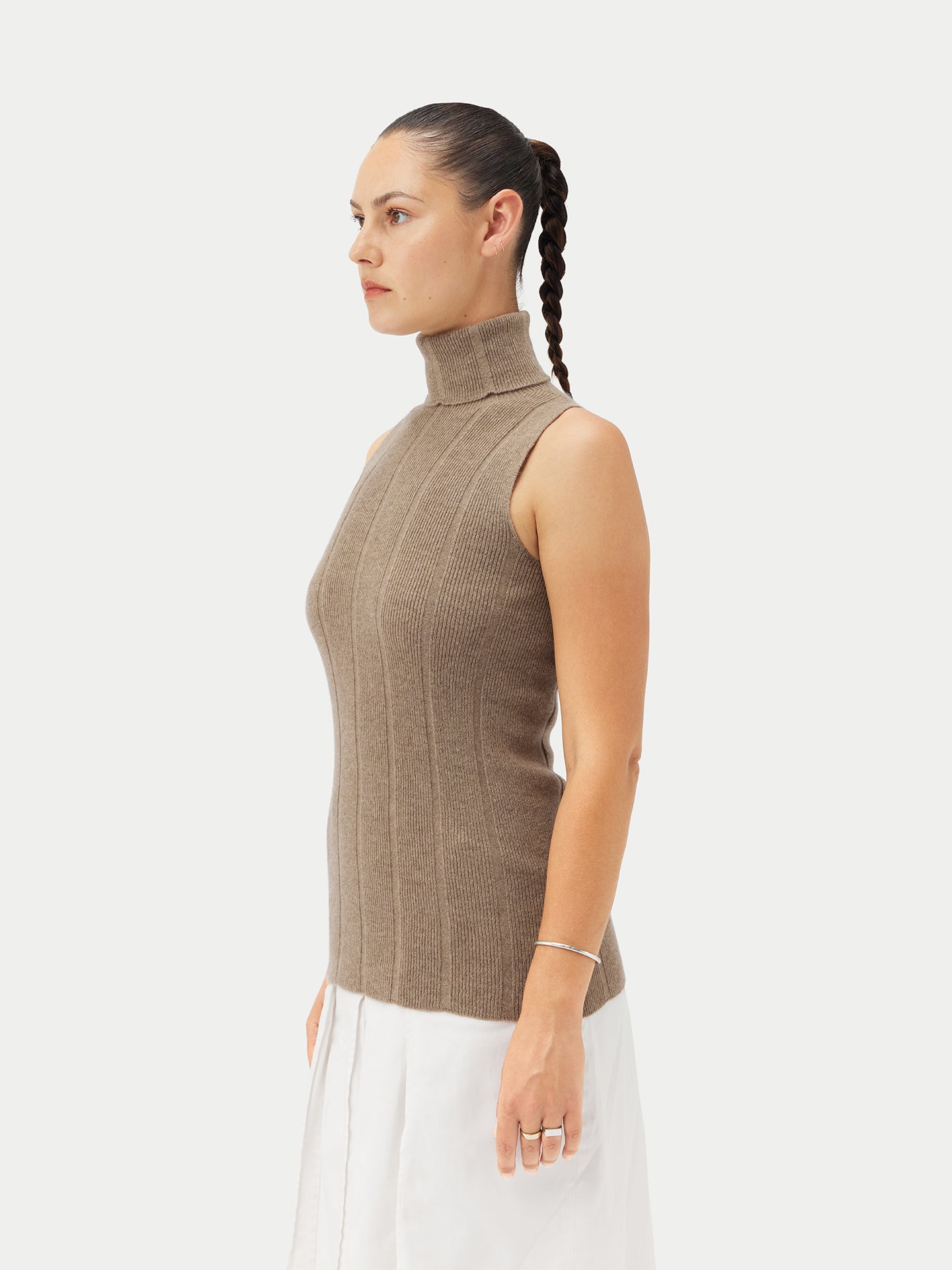 Women's Organic T-Neck Cashmere Top Taupe - Gobi Cashmere