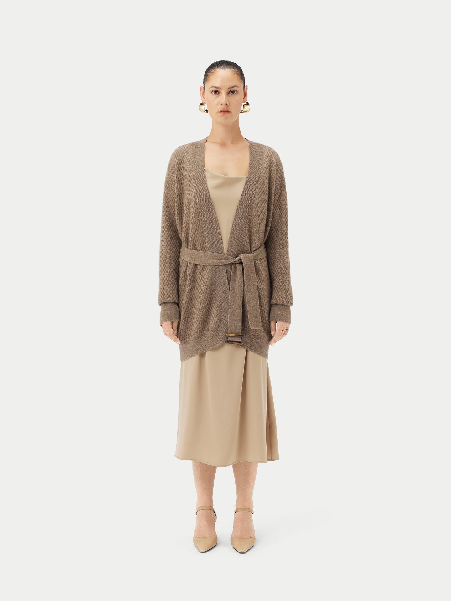 Women's Organic Colour Self-Belt Cashmere Cardigan Taupe - Gobi Cashmere