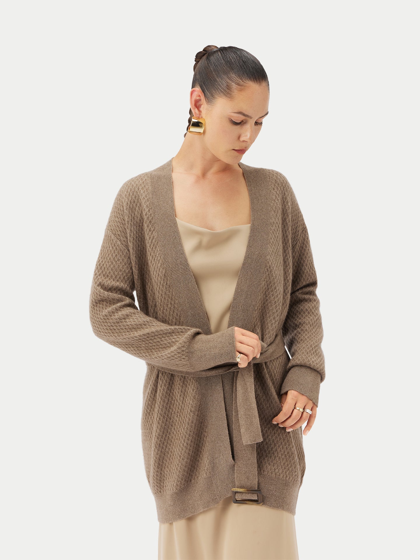 Women's Organic Colour Self-Belt Cashmere Cardigan Taupe - Gobi Cashmere