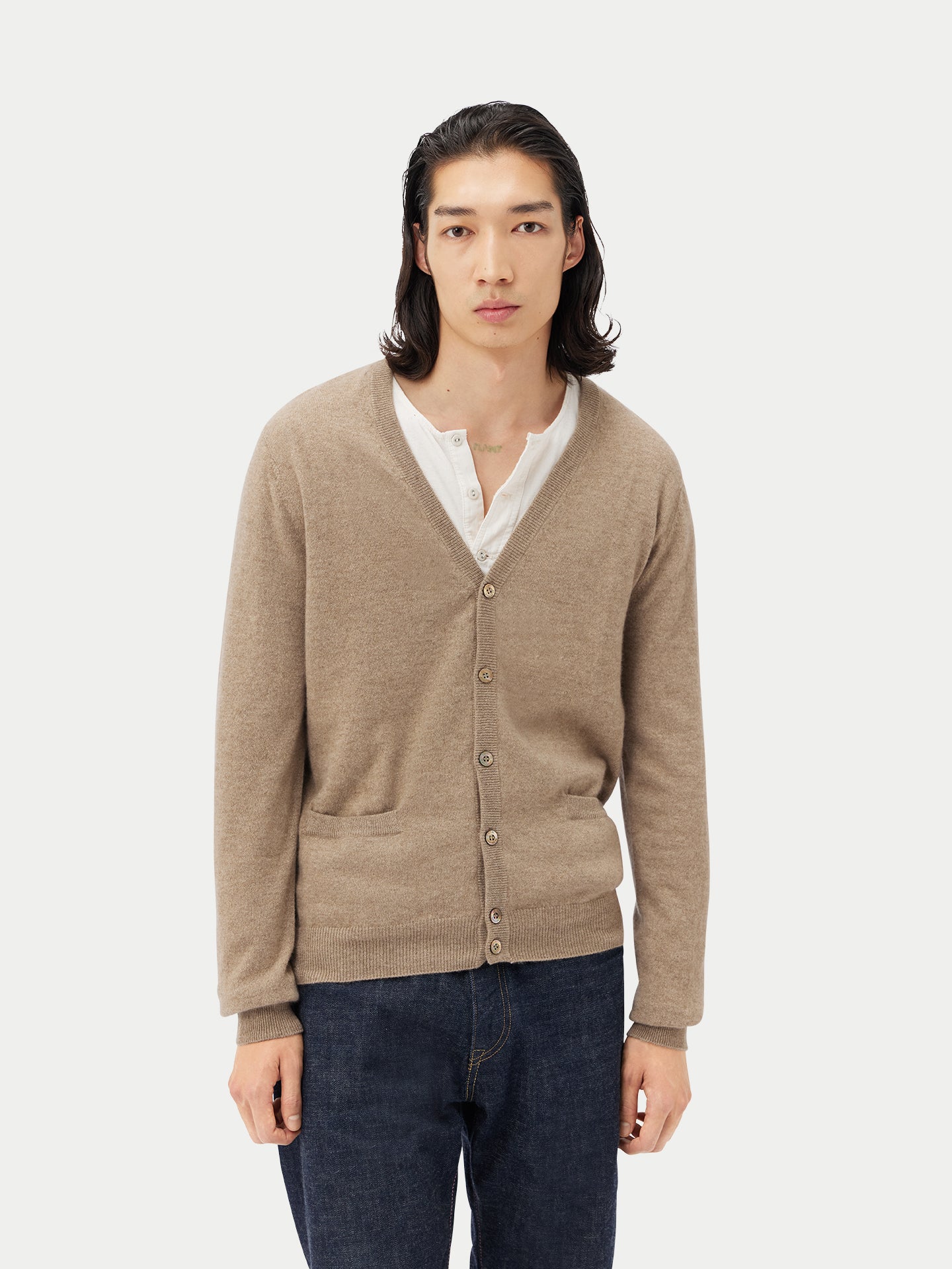 Men's Organic Cashmere V-neck Cardigan Taupe - Gobi Cashmere