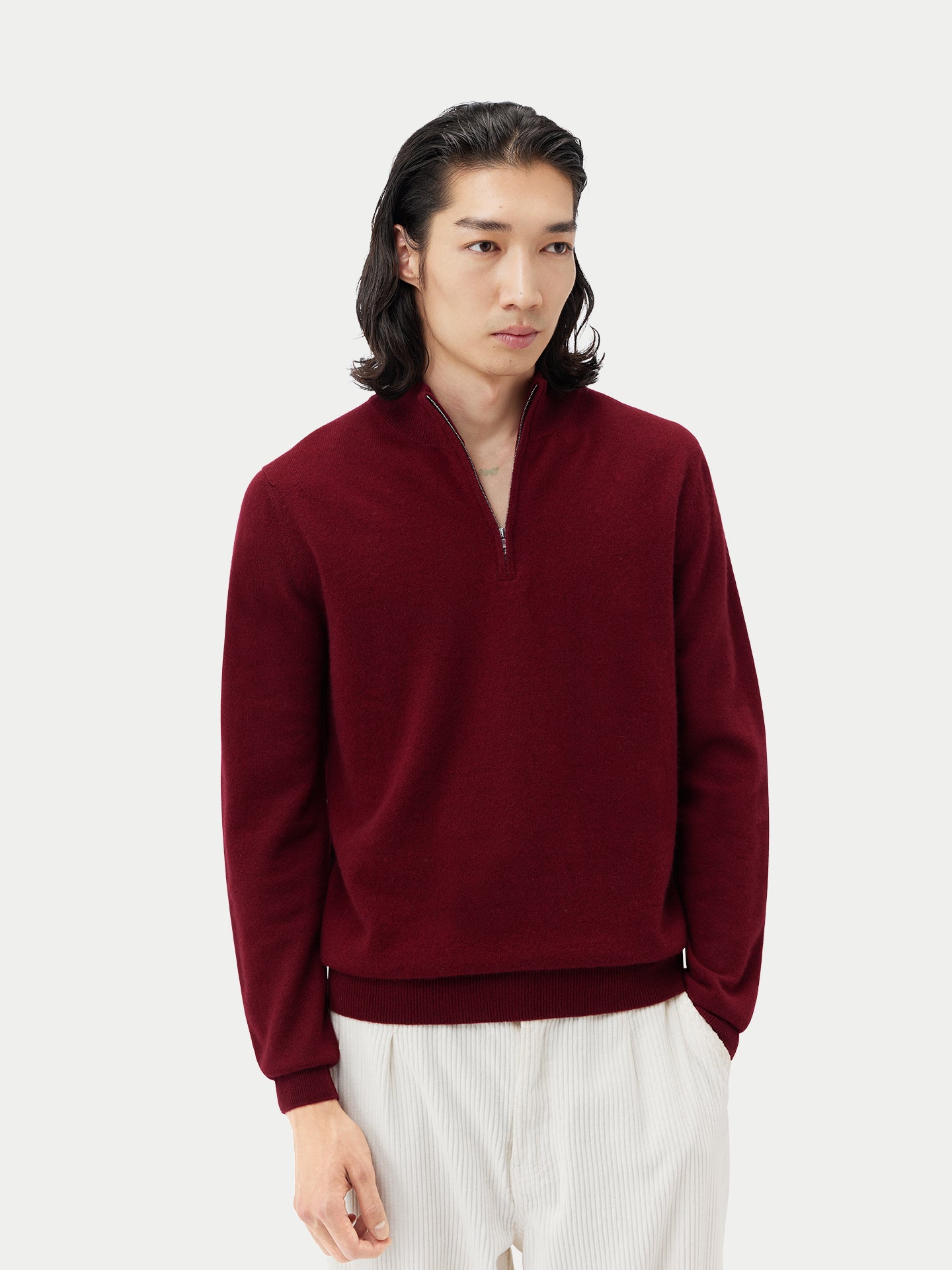 Men's Cashmere Half Zip Polo Bordeaux - Gobi Cashmere