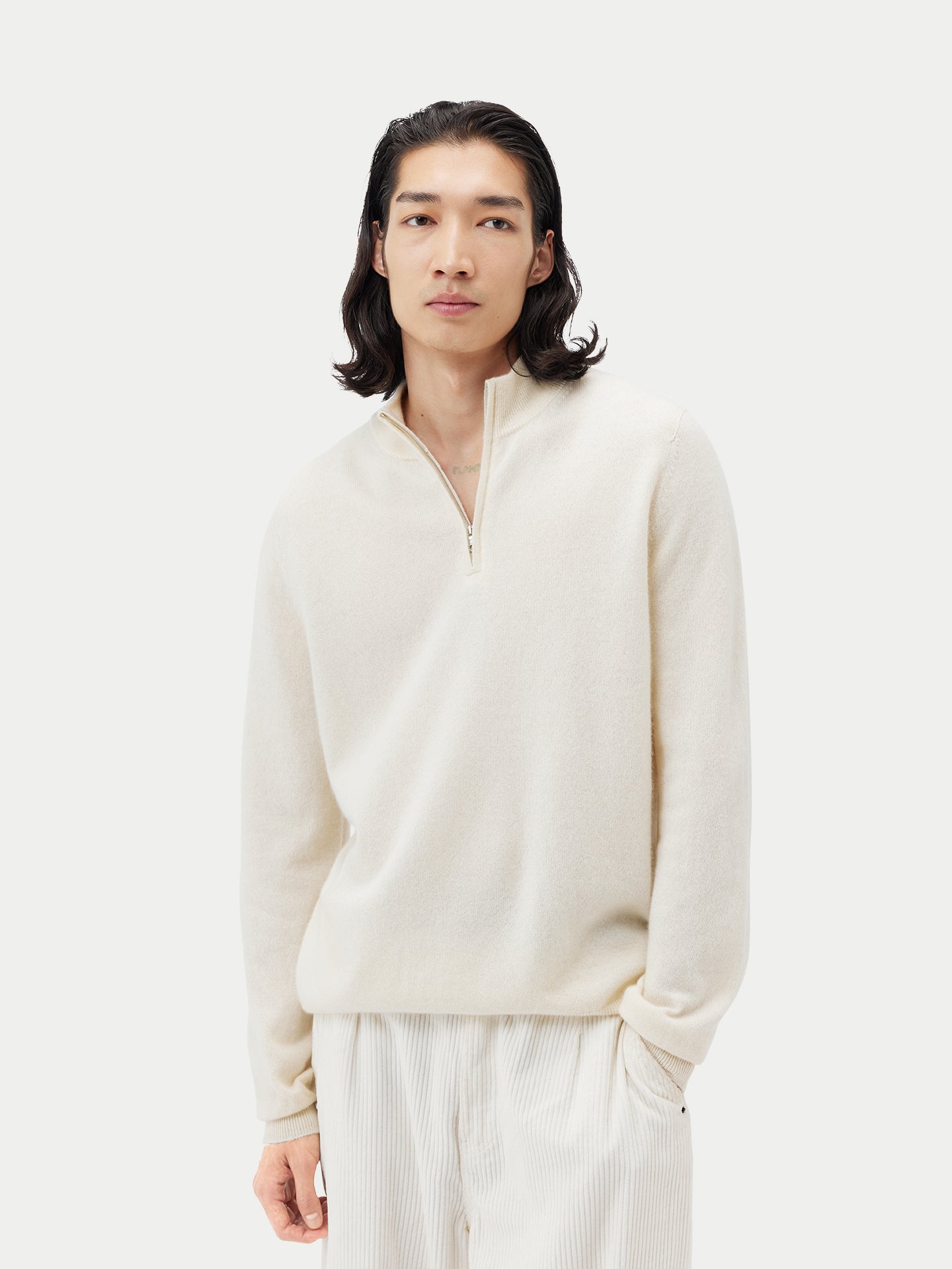 Men's Cashmere Half Zip Sweater Off White - Gobi Cashmere