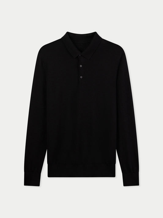 Men Classic Polo Shirt with Long Sleeve Black - Gobi Cashmere
