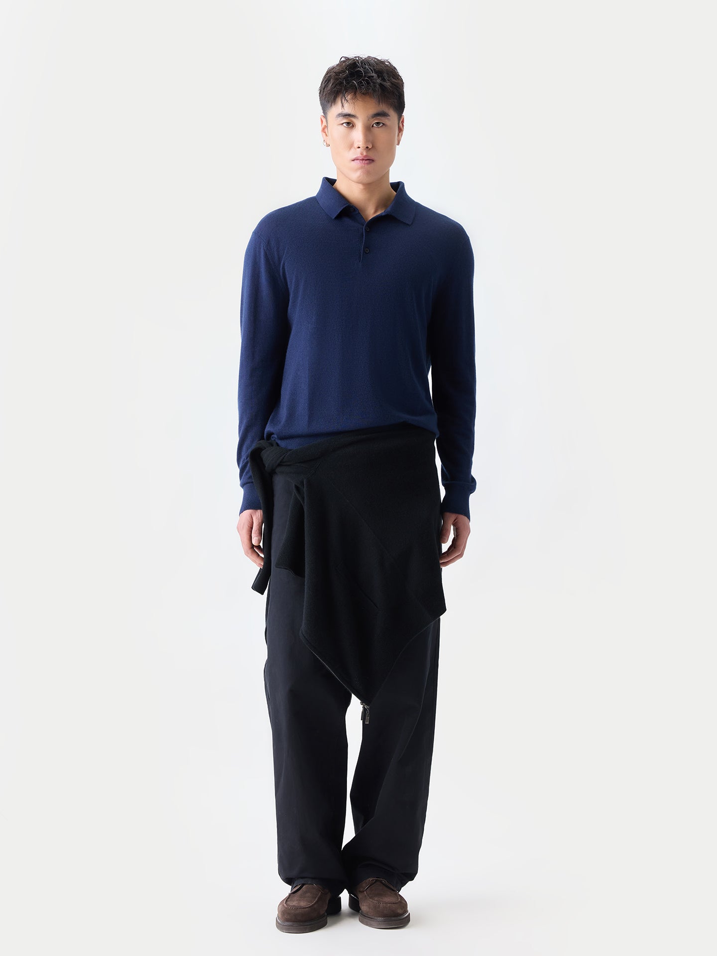 Men Classic Polo Shirt with Long Sleeve Mood Indigo - Gobi Cashmere