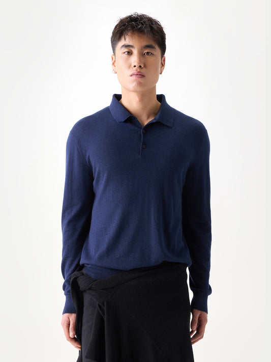 Men Classic Polo Shirt with Long Sleeve Mood Indigo - Gobi Cashmere