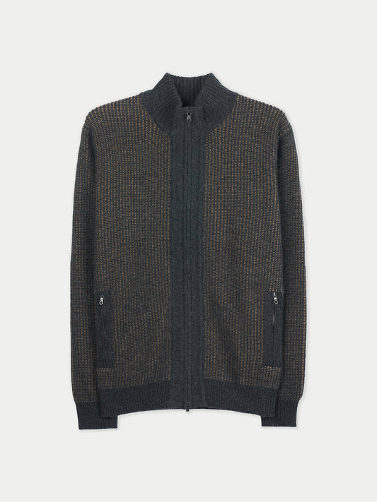Men's Twо-Tone Full-Zip Cashmere Cardigan Charcoal - Gobi Cashmere