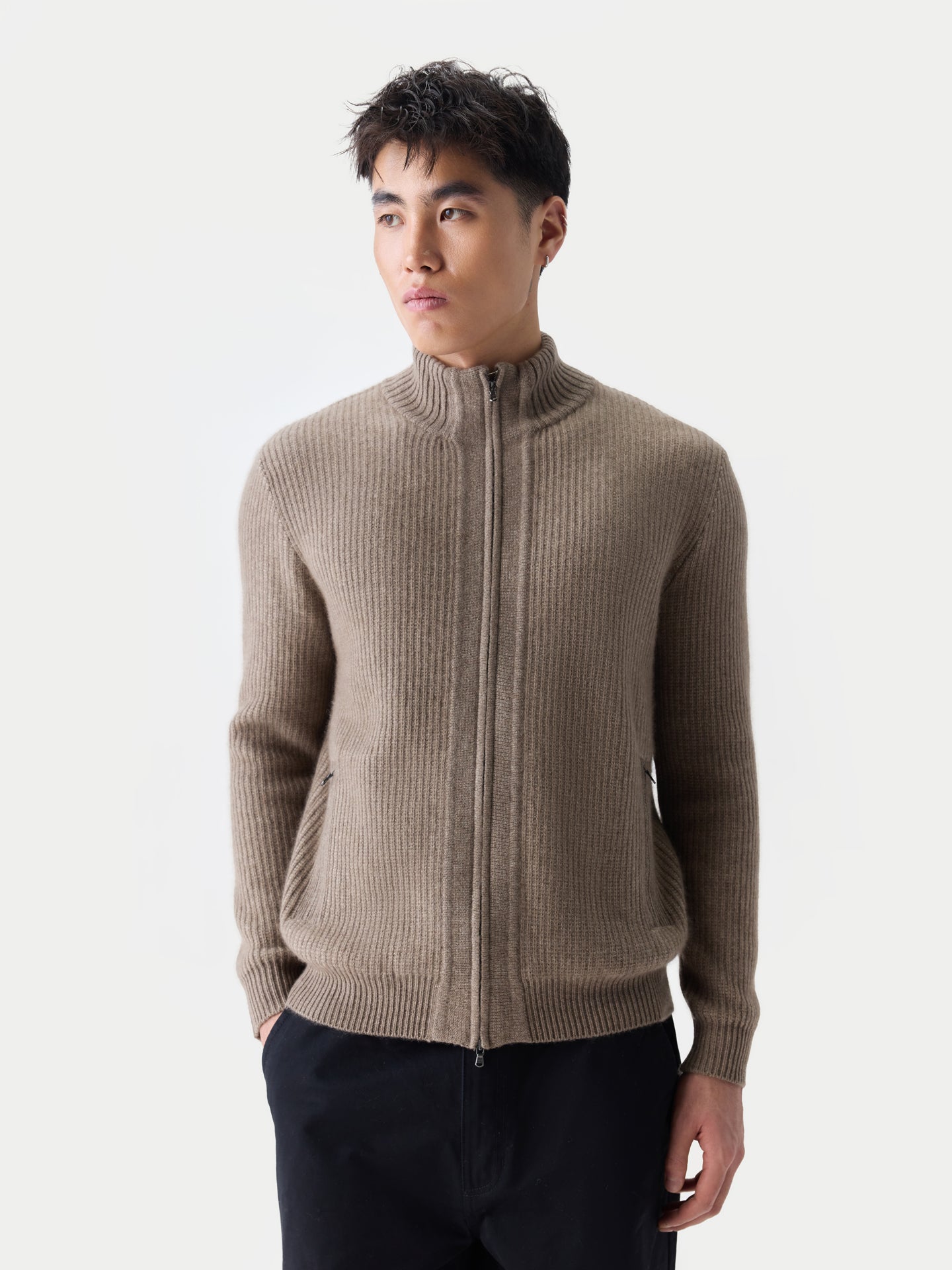 Men's Twо-Tone Full-Zip Cashmere Cardigan Taupe - Gobi Cashmere