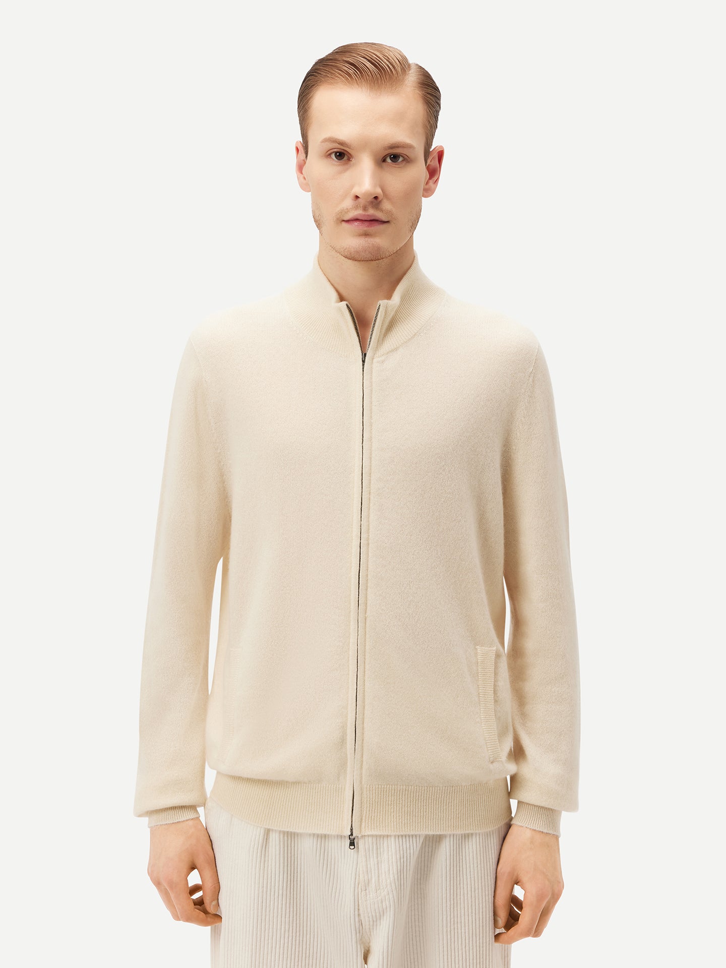 Men's Cashmere Full Zip Cardigan Off White - Gobi Cashmere