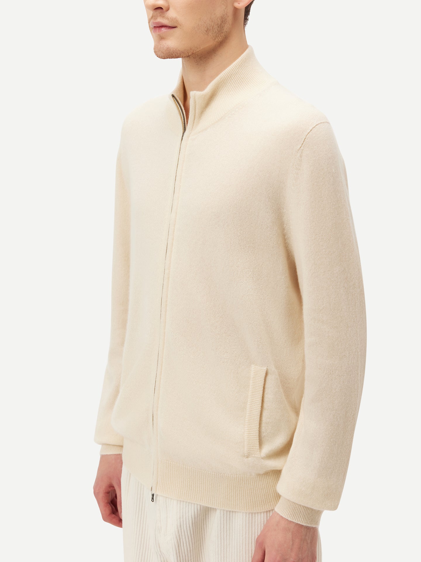 Men's Cashmere Full Zip Cardigan Off White - Gobi Cashmere