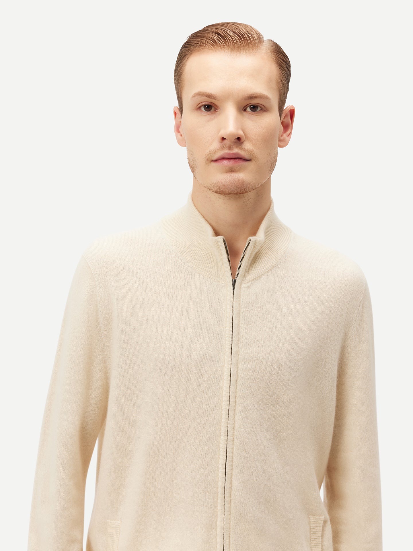 Men's Cashmere Full Zip Cardigan Off White - Gobi Cashmere