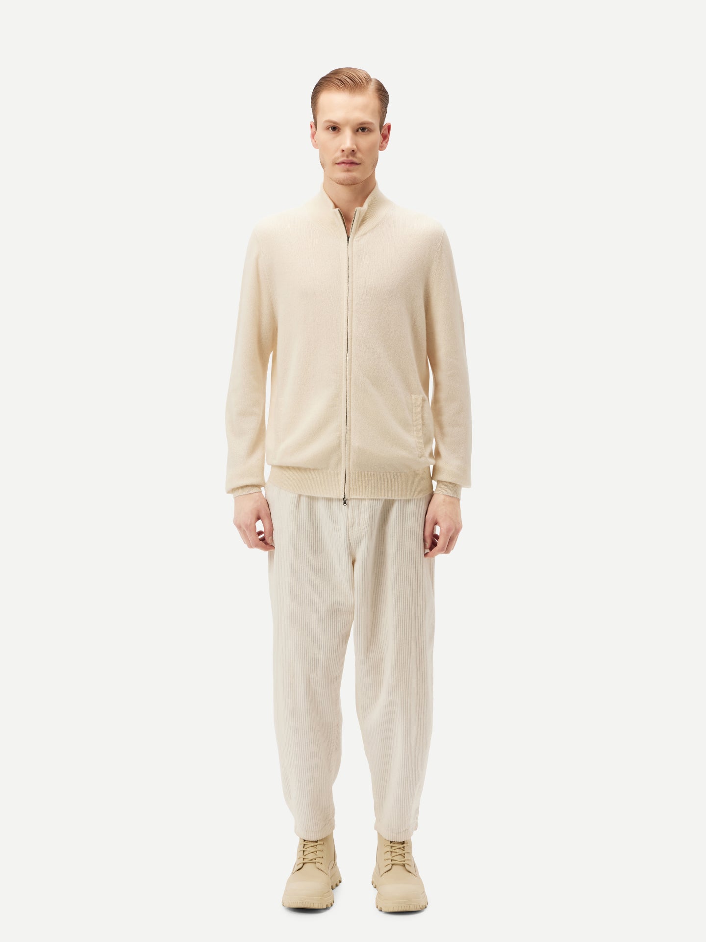 Men's Cashmere Full Zip Cardigan Off White - Gobi Cashmere