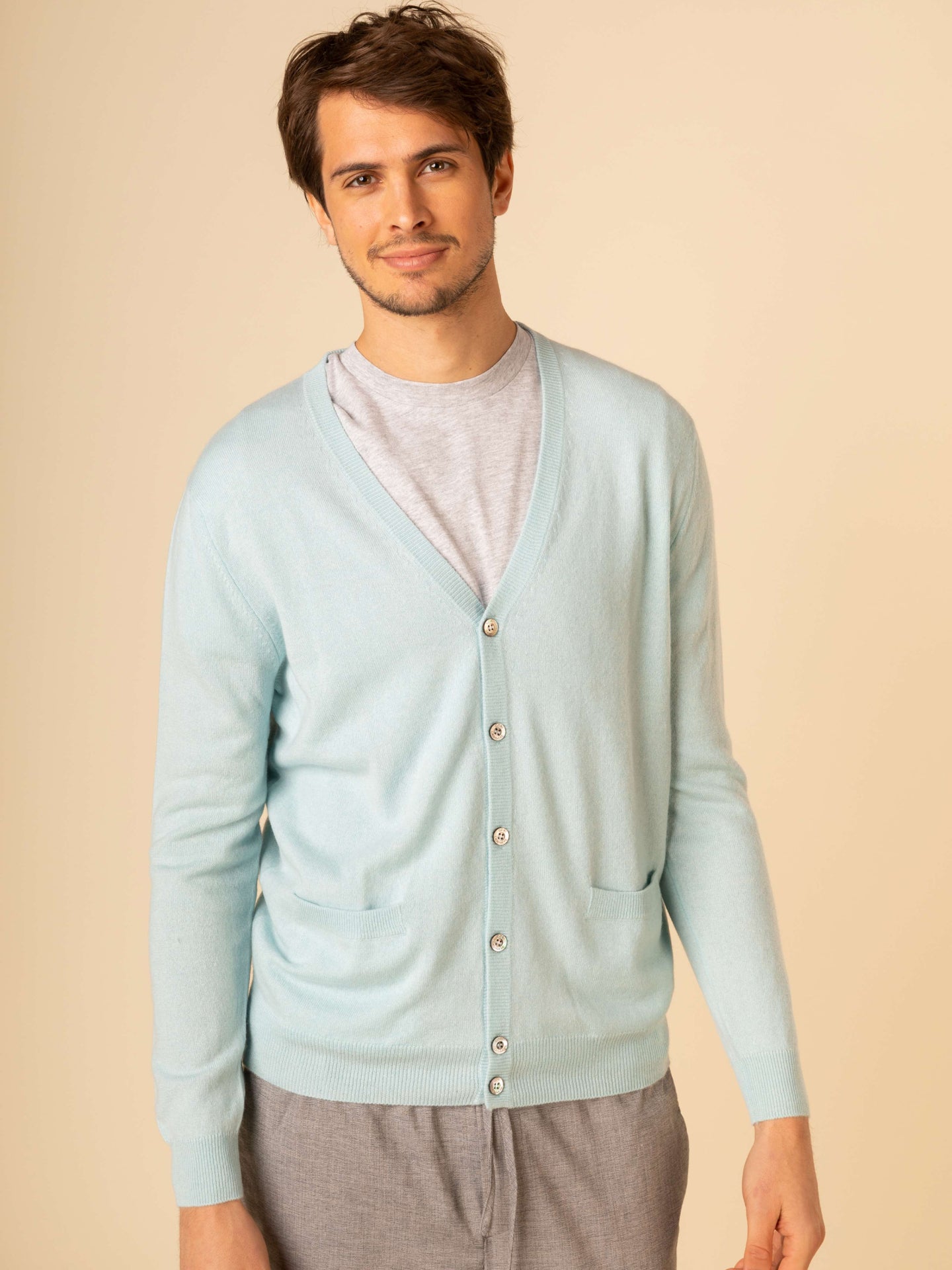 Men's Cashmere V-neck Button Cardigan Blue Glass - Gobi Cashmere