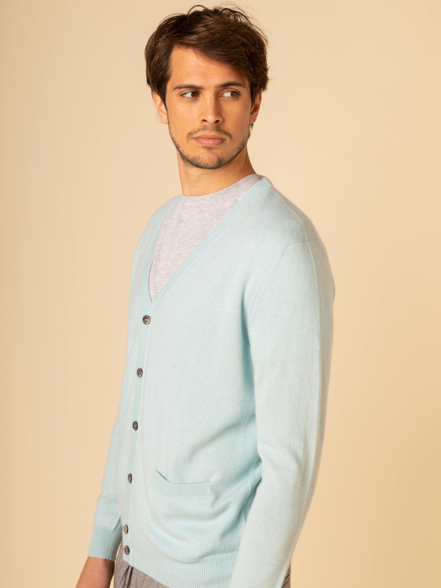 Men's Cashmere V-neck Button Cardigan Blue Glass - Gobi Cashmere