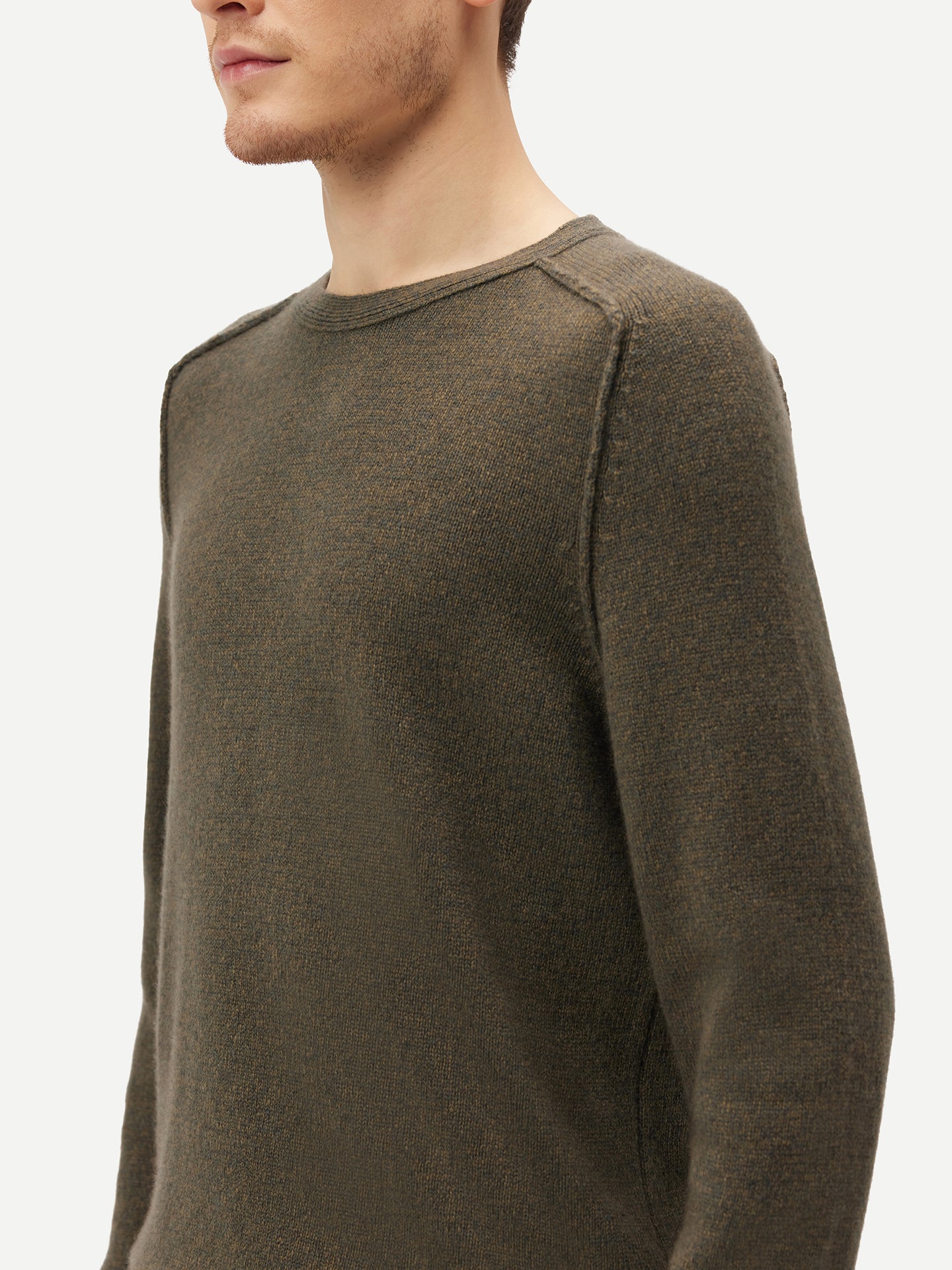 Men's Cashmere Mouliné Crew-Neck Burnt Olive - Gobi Cashmere