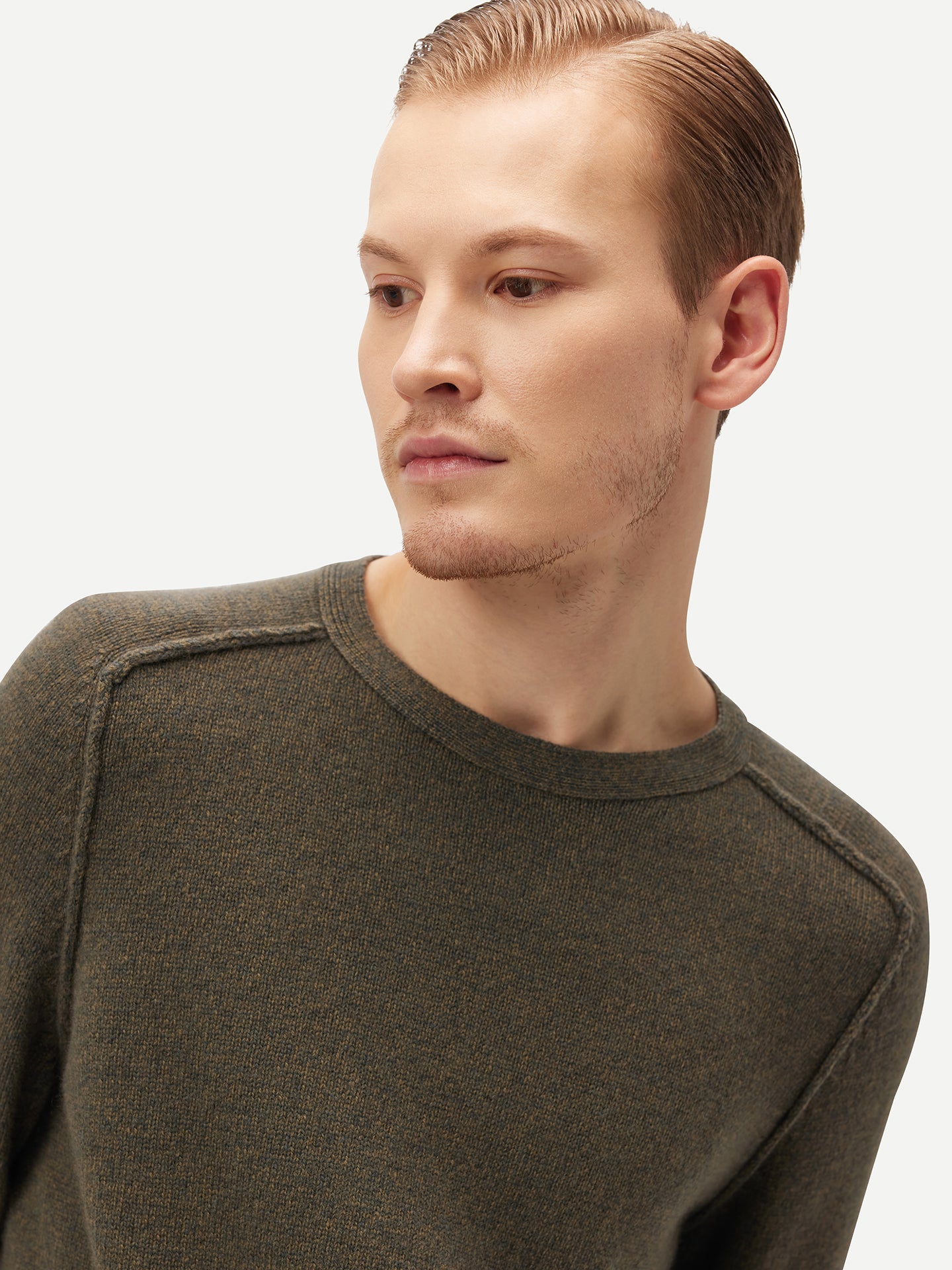 Men's Cashmere Mouliné Crew-Neck Burnt Olive - Gobi Cashmere