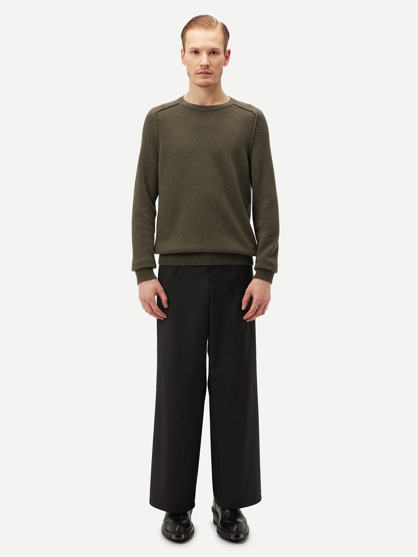 Men's Cashmere Mouliné Crew-Neck Burnt Olive - Gobi Cashmere