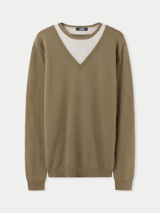 Men's Cashmere Combo-Collar Sweater Burnt Olive - Gobi Cashmere