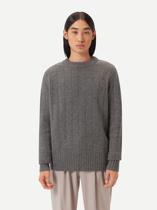 Men's Square-Patterned Cashmere Sweater Dim Gray - Gobi Cashmere