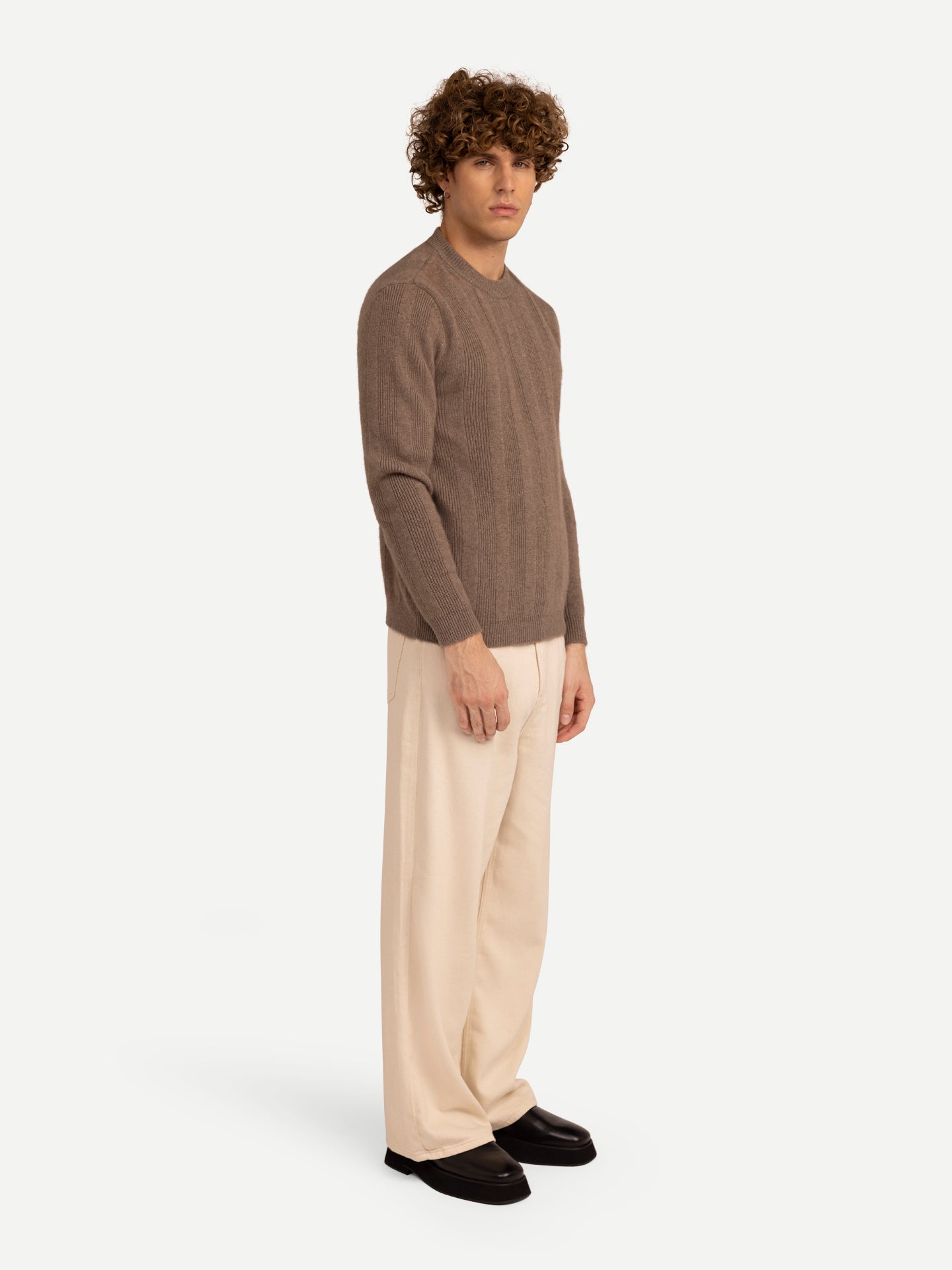 Men's Organic Cashmere Vertical-Striped Sweater Taupe - Gobi Cashmere