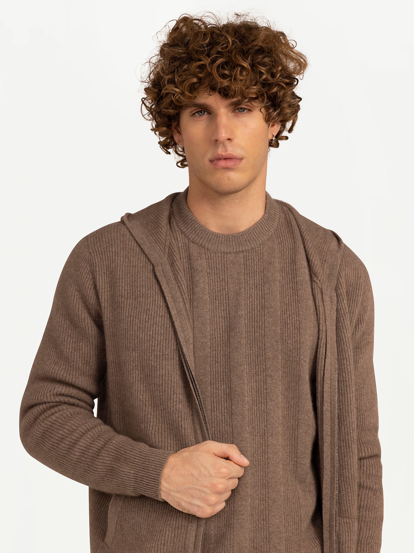 Men's Organic Cashmere Zip Hoodie with Pockets Taupe - Gobi Cashmere