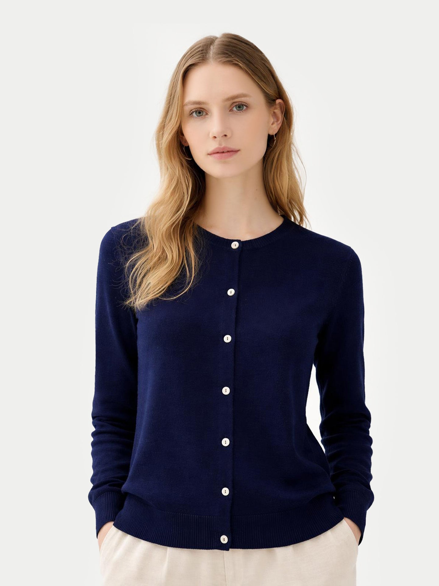 Essential Cashmere Crewneck Cardigan Navy - Gobi Cashmere