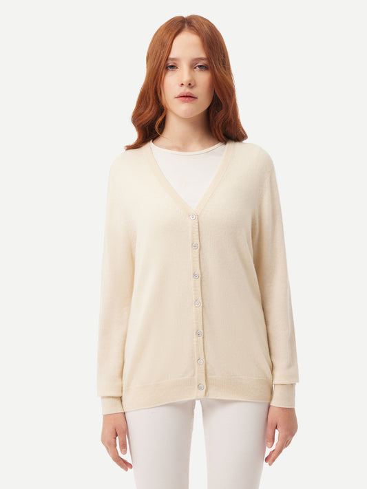 Women's Cashmere V-neck Button Cardigan Off White - Gobi Cashmere
