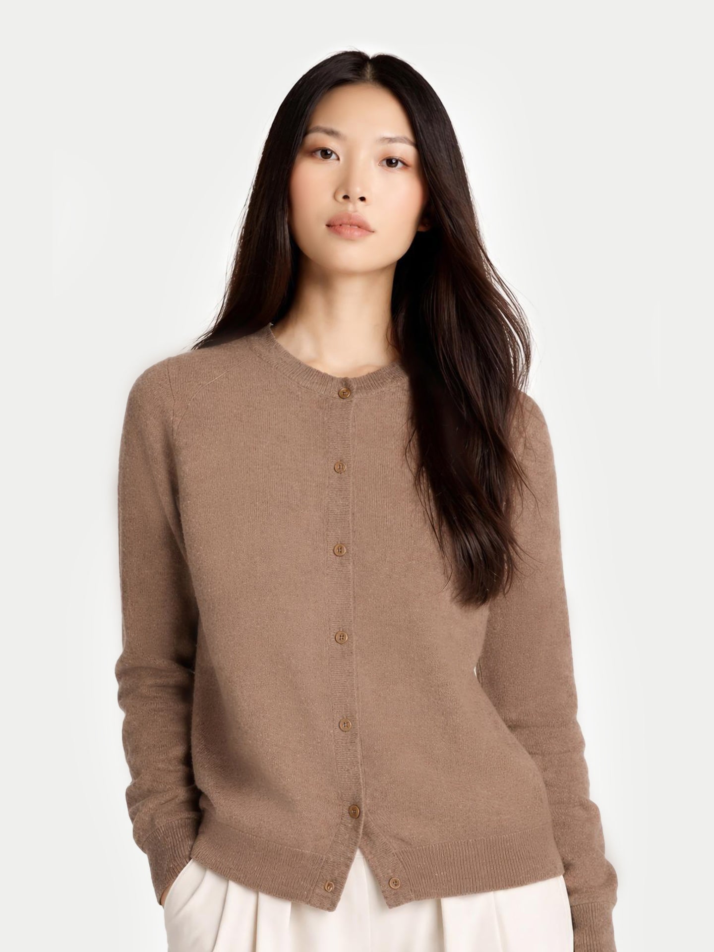 Essential Organic Cashmere Crewneck Cardigan Taupe - Gobi Cashmere