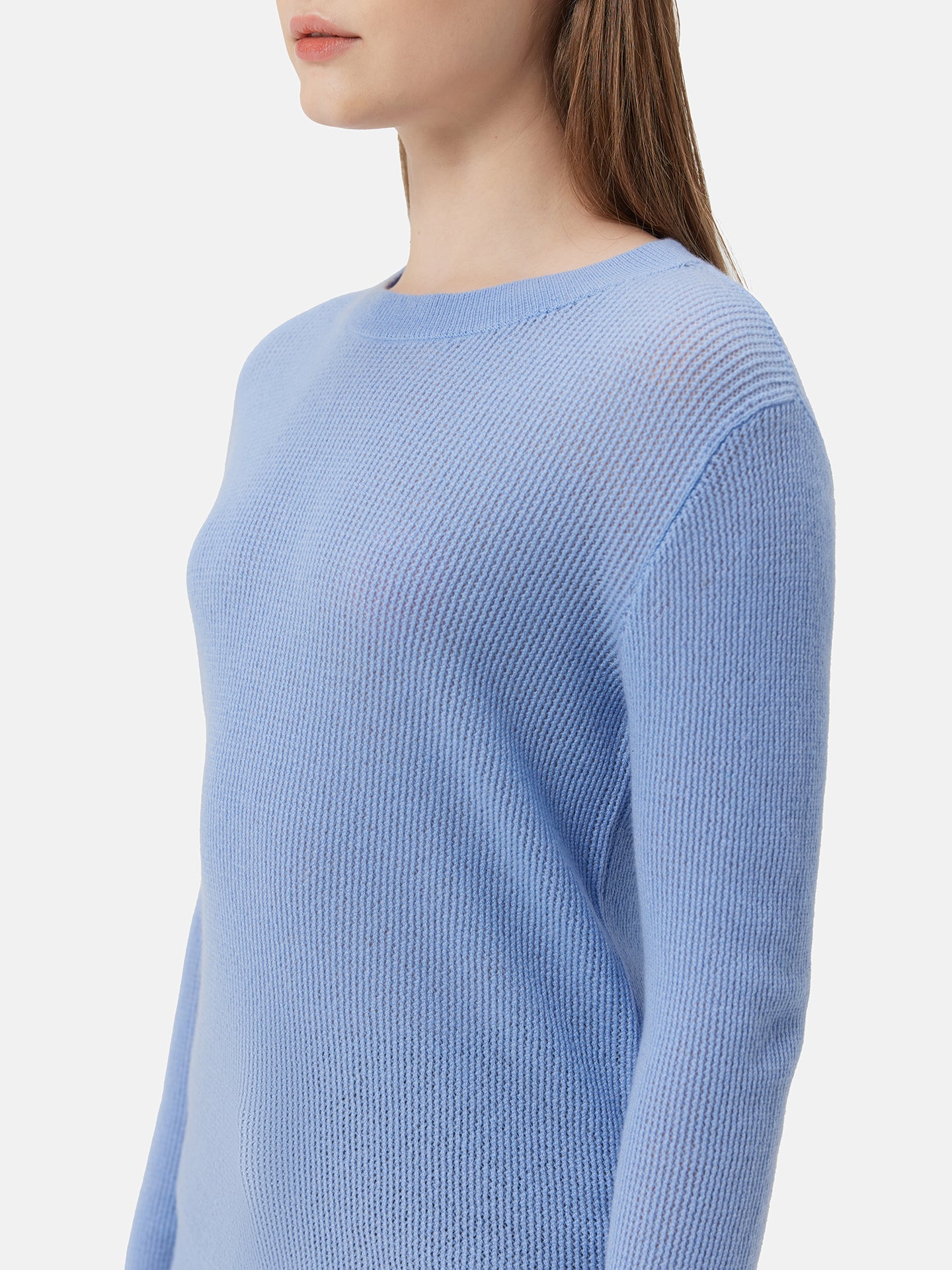 Women's Ajour-Knit Cashmere Crewneck Sweater Della Robbia Blue - Gobi Cashmere