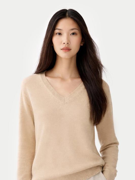 Organic Colour Essential Cashmere V-Neck Sweater Beige - Gobi Cashmere