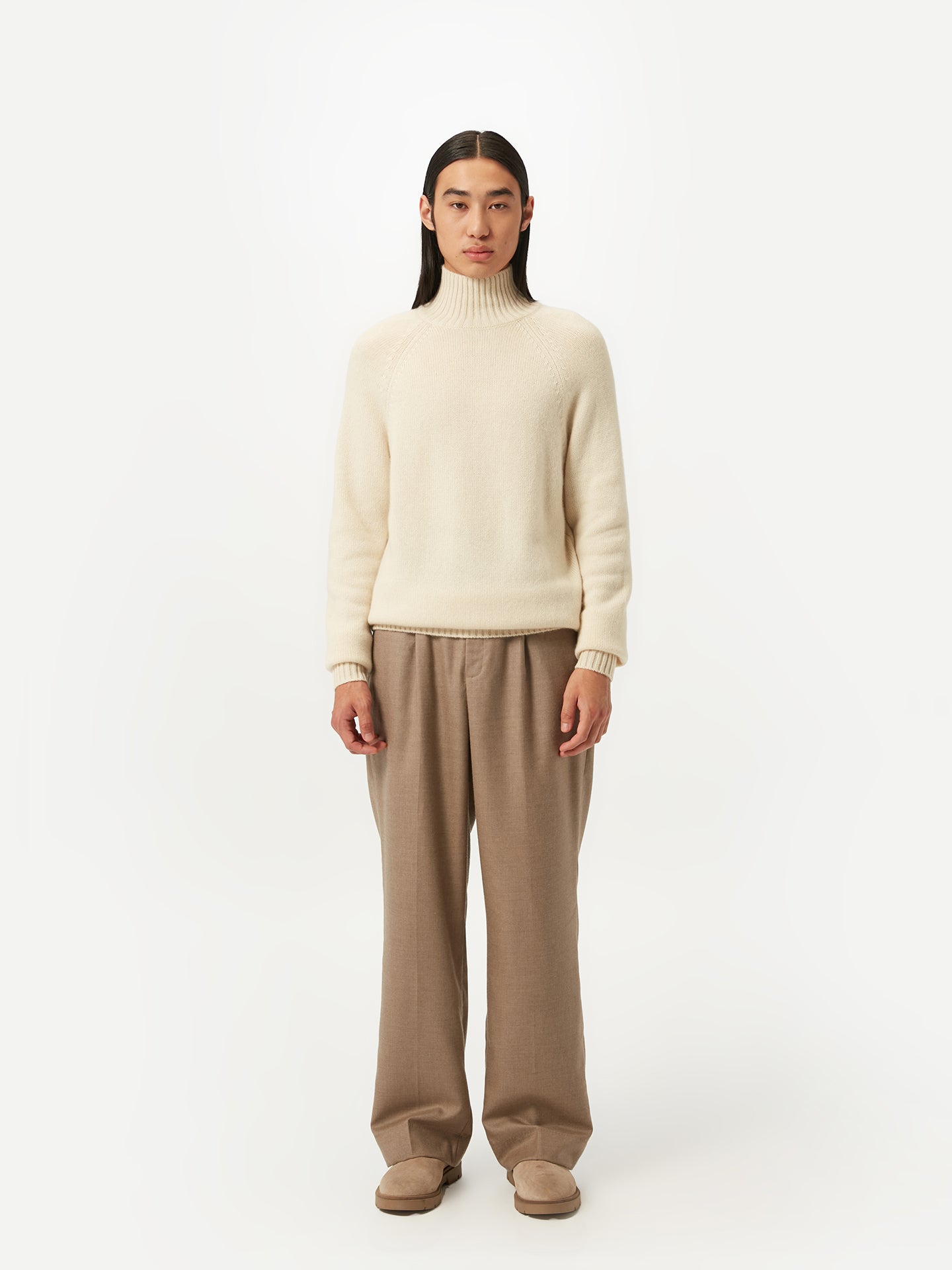 Men's Organic Cashmere Turtleneck with Ribbed Details Off White - Gobi Cashmere