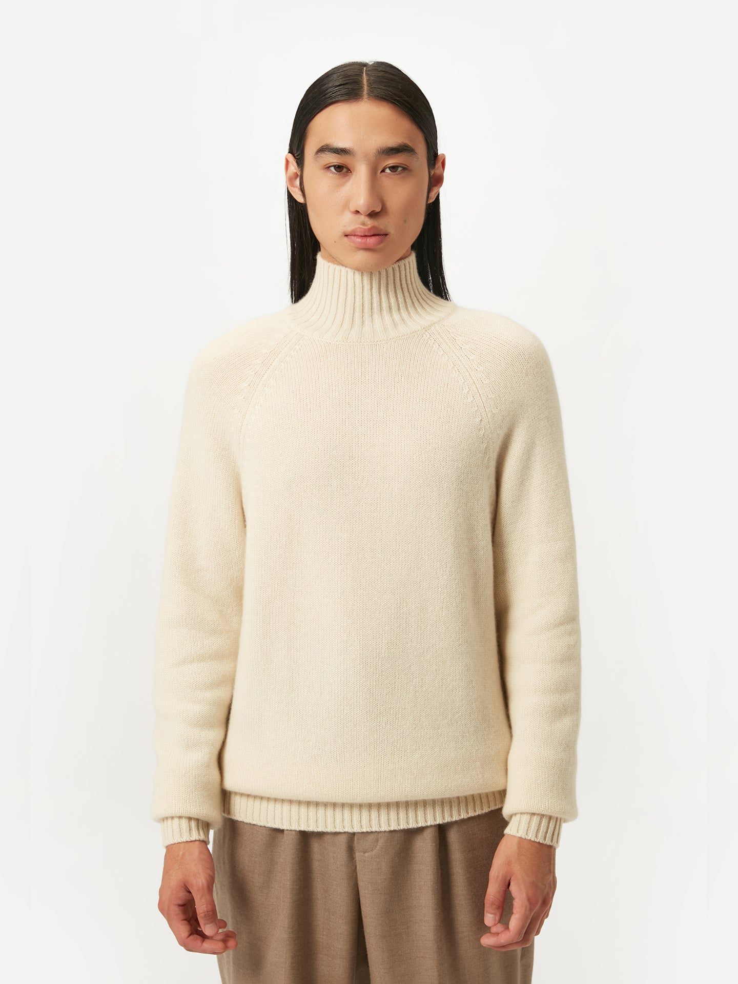 Men's Organic Cashmere Turtleneck with Ribbed Details Off White - Gobi Cashmere