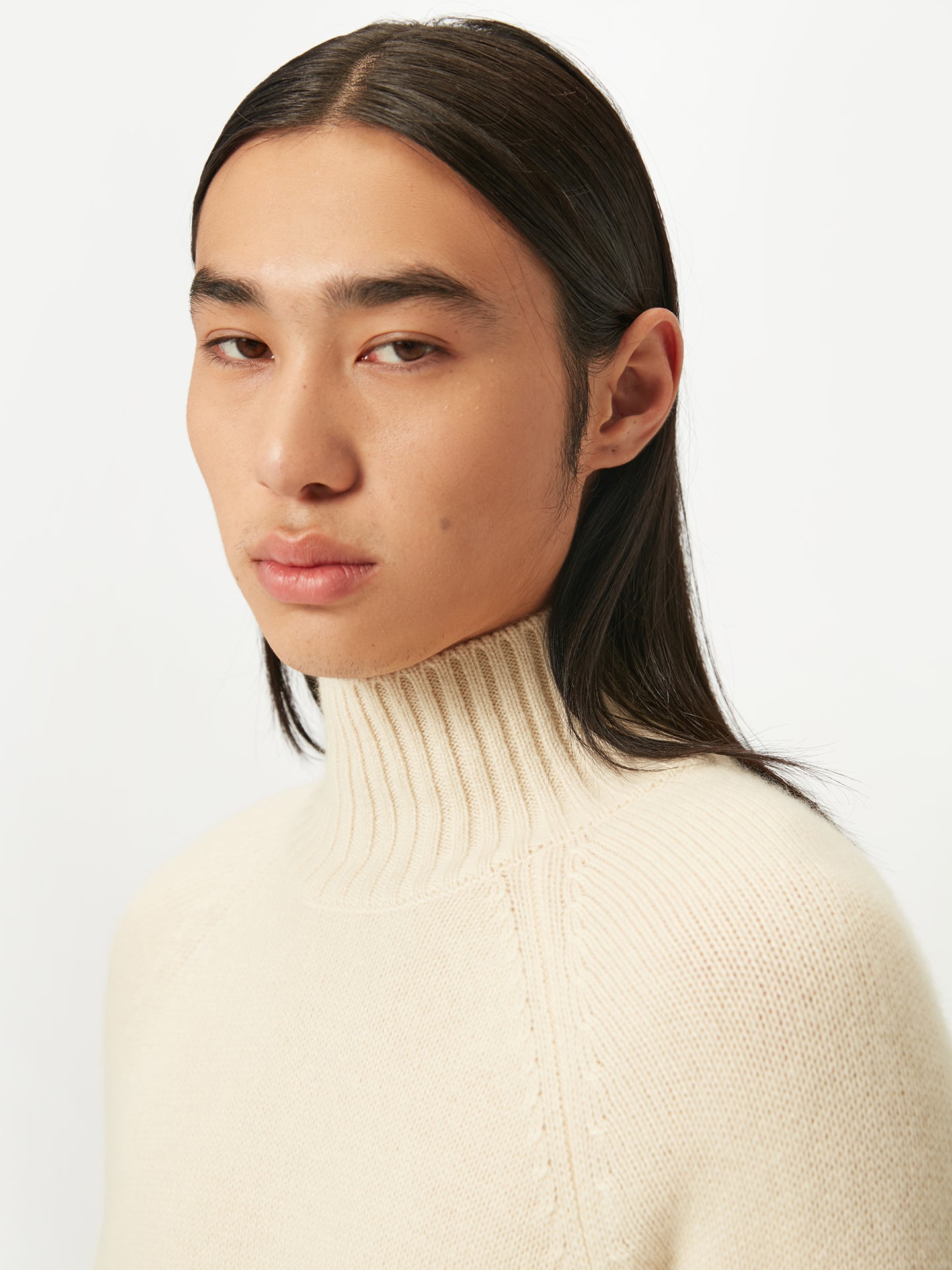 Men's Organic Cashmere Turtleneck with Ribbed Details Off White - Gobi Cashmere