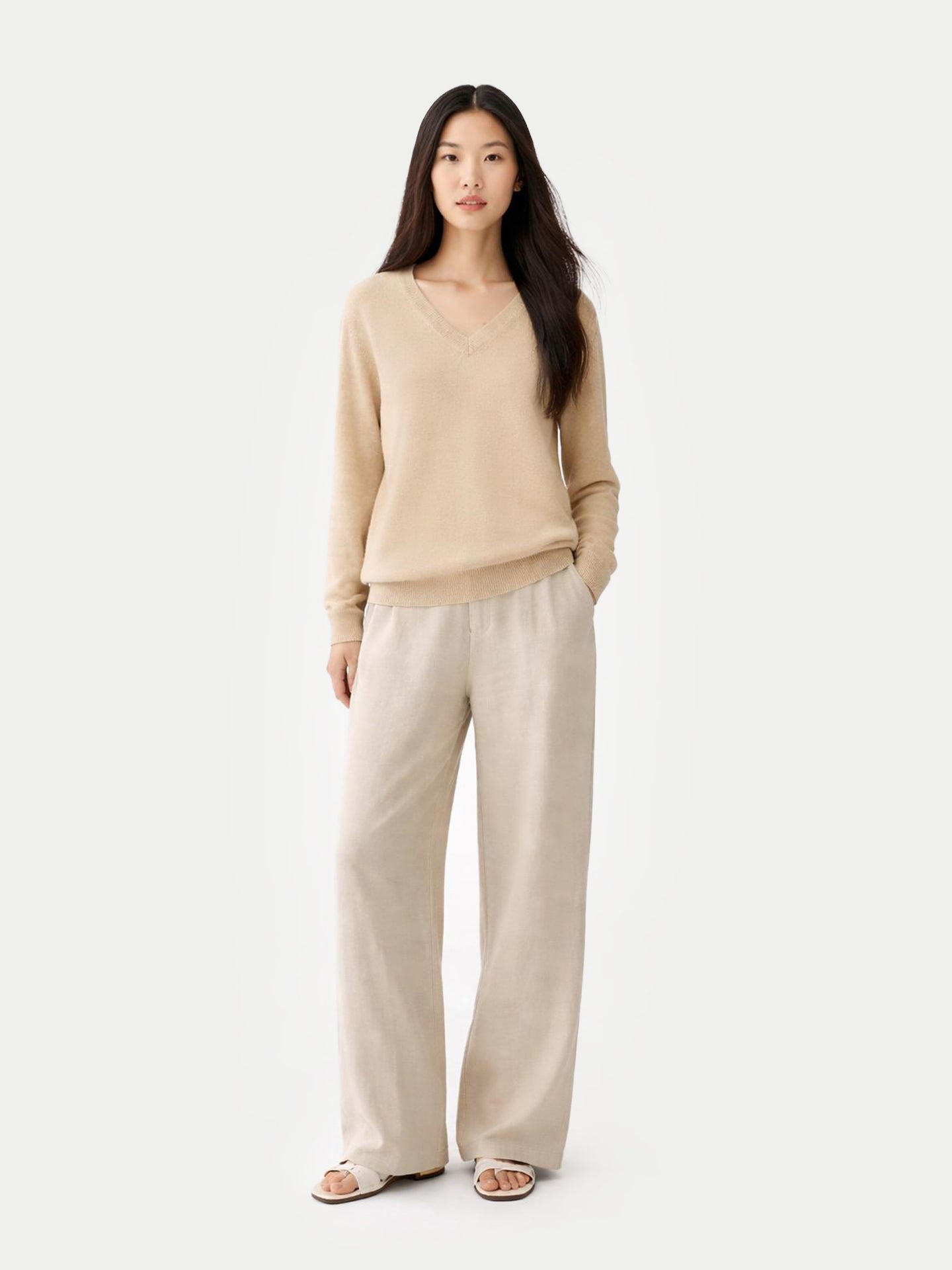 Organic Colour Essential Cashmere V-Neck Sweater Beige - Gobi Cashmere