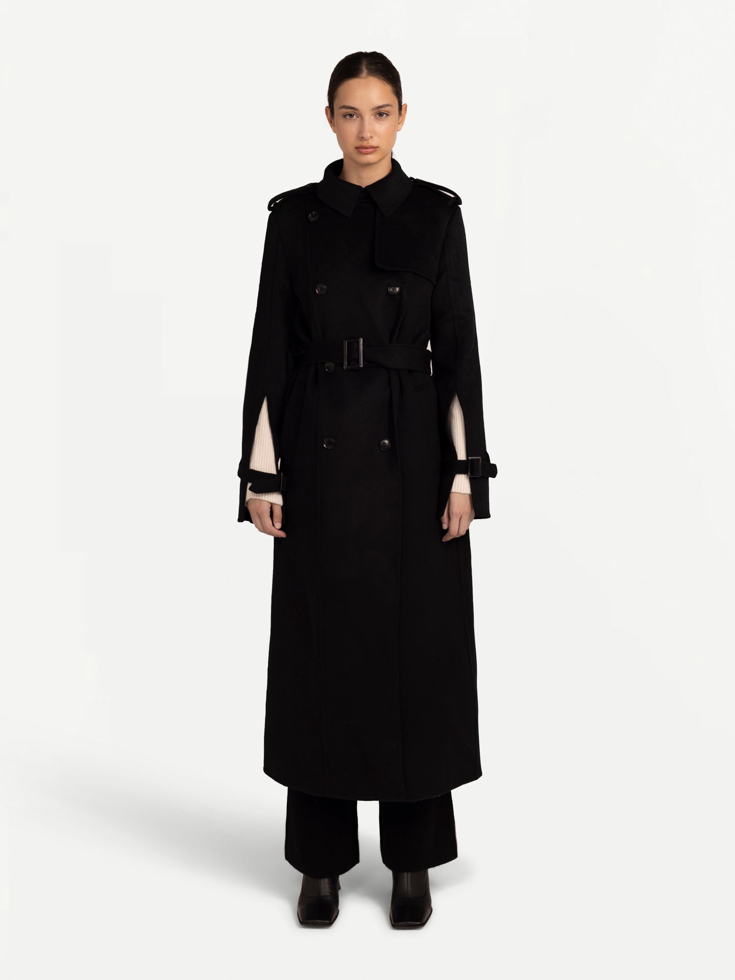 Women's Cashmere Coat with Details Black - Gobi Cashmere