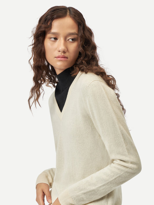 Women's Organic Cashmere Basic V-Neck Sweater Off White - Gobi Cashmere