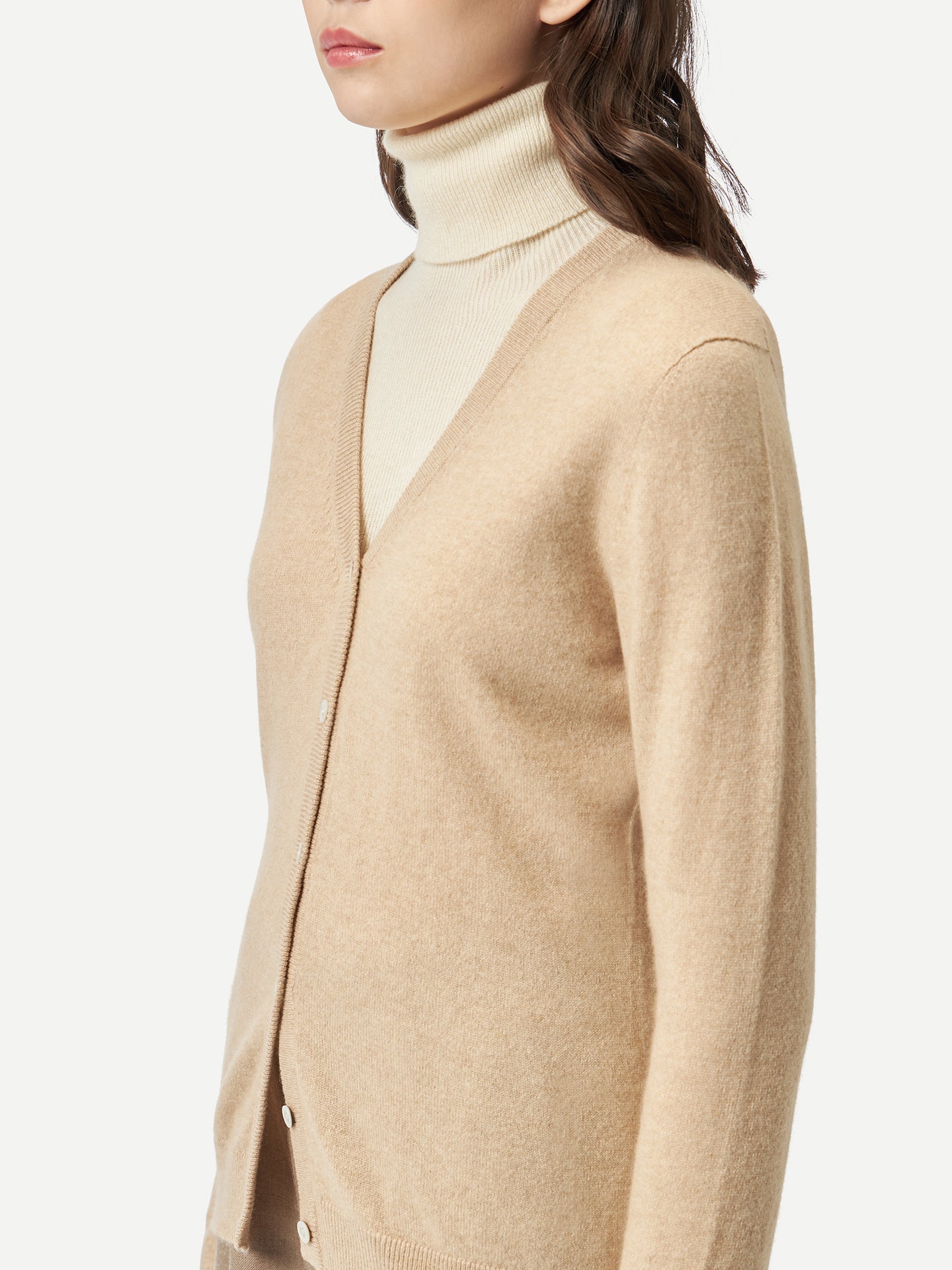 Women's Cashmere V-neck Button Cardigan Beige - Gobi Cashmere