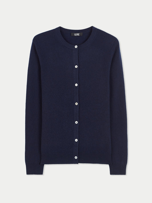 Women's Cashmere Crew Neck Cardigan Navy - Gobi Cashmere