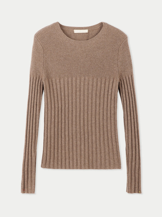 Women's Organic Rib-Knit Cashmere Crew Neck Sweater Taupe - Gobi Cashmere