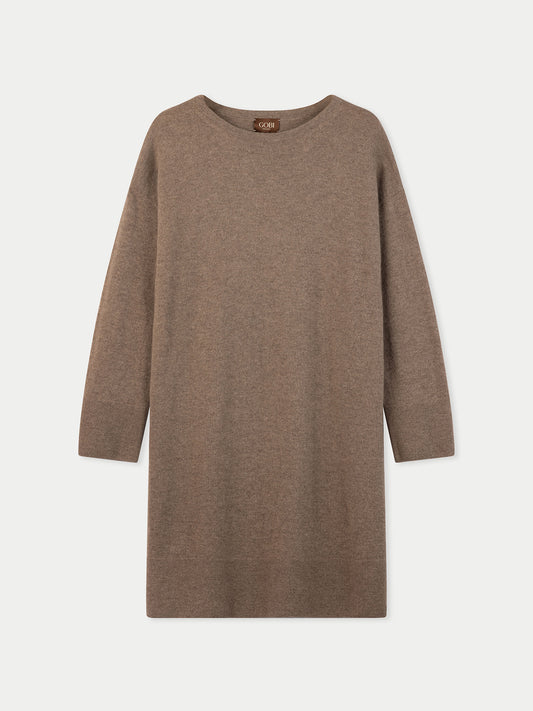 Organic Colour Seamless Crewneck Cashmere Dress Taupe - Gobi Cashmere