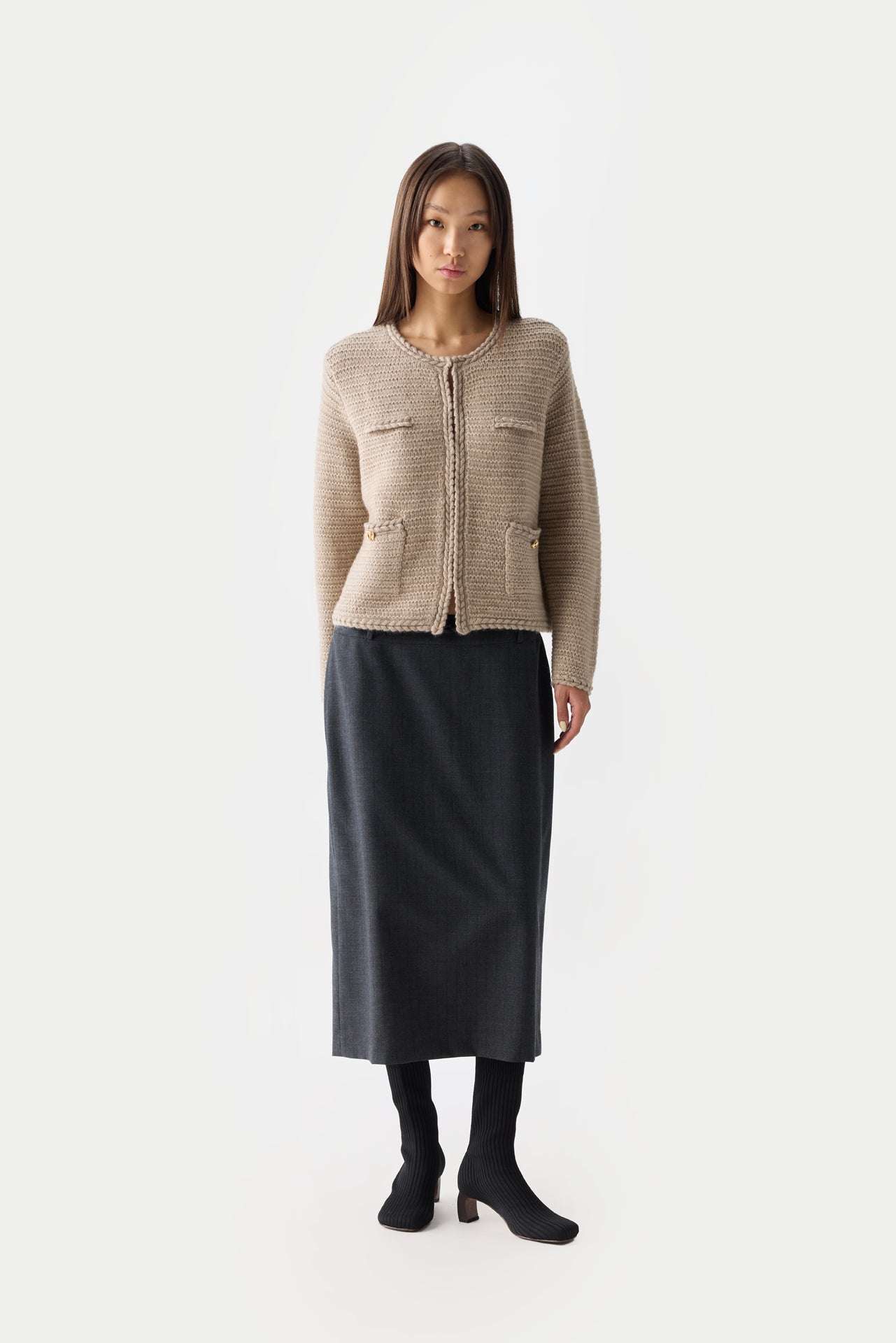 Organic Colour Textured Knit Cashmere Jacket-Style Cardigan