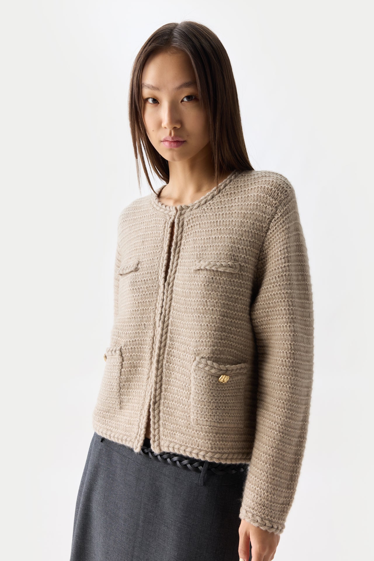 Organic Colour Textured Knit Cashmere Jacket-Style Cardigan