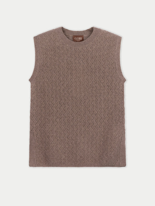 Organic Colour  Ajour Knit Crewneck Cashmere Vest Taupe - Gobi Cashmere