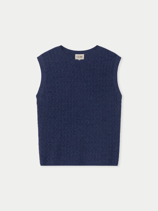 Ajour Knit Crewneck Cashmere Vest Crown Blue - Gobi Cashmere