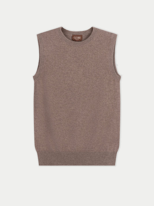 Organic Colour Timeless Cashmere Crewneck Vest Taupe - Gobi Cashmere