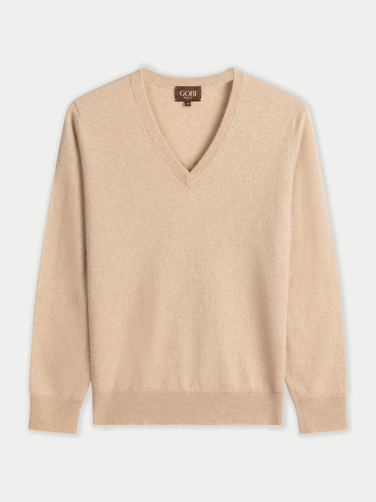 Women's Classic Cashmere V-Neck Sweater Beige | GOBI Cashmere